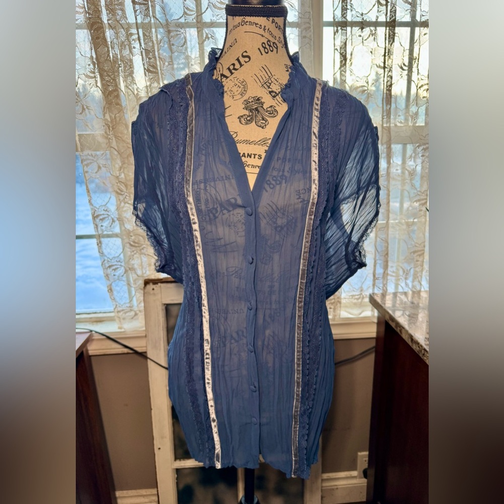MXM Sheer button up blouse with cap sleeves and vertical detail